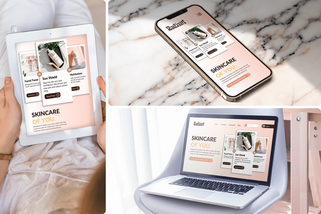 Laptop, tablet, and phone mockup for Radiant skincare website