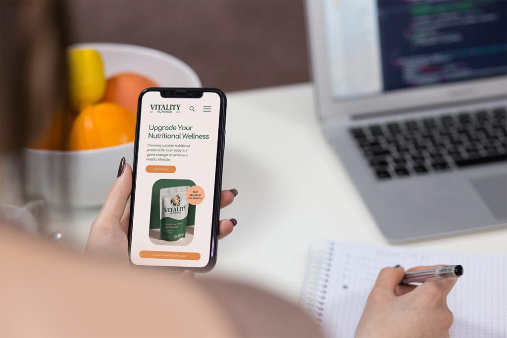 Vitality Nutrition website on Iphone mockup